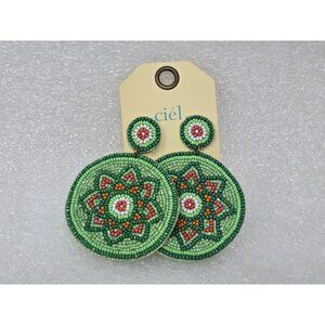 Handcrafted Ciel Beaded Green Round Earrings With Floral Design